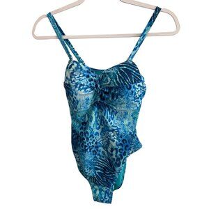Tahari Blue Animal Print L One Piece Swimsuit With Flex Cups Upf 40+ **READ